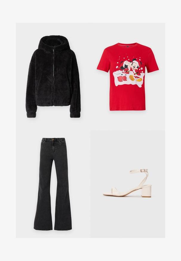 Sort, ludet lynlås-hættetrøje med lange ærmer og en blød, plyssede struktur, vist fladt på en lys baggrund.; Rød kortærmet skjorte med Mickey og Minnie Mouse klædt i julesweatre, hvor Minnie kysser Mickey på kinden med et snefnugs baggrund.; Sorte flare jeans lavet af denim, med høj talje, forlommer og synlige sømme. Glat tekstur med en let glans.; Beige patentlæder sandal med blokhæl, åben tå, tynd ankelrem og minimalistisk design. Glat tekstur med en subtil glans.