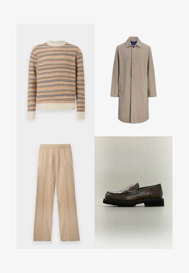 Beiger knielanger Herrenmantel mit verdeckten Knöpfen, Schlitzkragen und Seitentaschen, dargestellt vor weißem Hintergrund.; Gestrickter Pullover in Beige, Braun und Creme mit Zickzackstreifenmuster. Verfügt über einen Rundhalsausschnitt sowie gerippte Bündchen und Saum.; Beige weit geschnittene Hose aus strukturiertem Stoff, mit einem elastischen Bund und ohne sichtbare Taschen oder Verzierungen.; Brauner Lederloafer mit schwarzer dicker Gummisohle, niedrigem Absatz und einem Riemen über dem oberen Teil, von der Seite auf neutralem Hintergrund gezeigt.