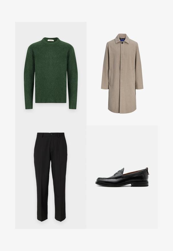 Beige knælængde herrefrakke med skjulte knapper, halskrave med hakket krave og sidelommer, vist på hvid baggrund.; Grøn strikket sweater med rund halsudskæring, lange ærmer og en tekstureret stof. Simpelt design, ingen synlige mønstre eller accenter.; Sorte bukser lavet af glat stof, med lige ben design, forlommer, en enkelt knaplukning, og uden synlige mønstre.; Sort læder herre loafer med moc-tå syning, penny strop, struktureret krave og lav stablet hæl på hvid baggrund.