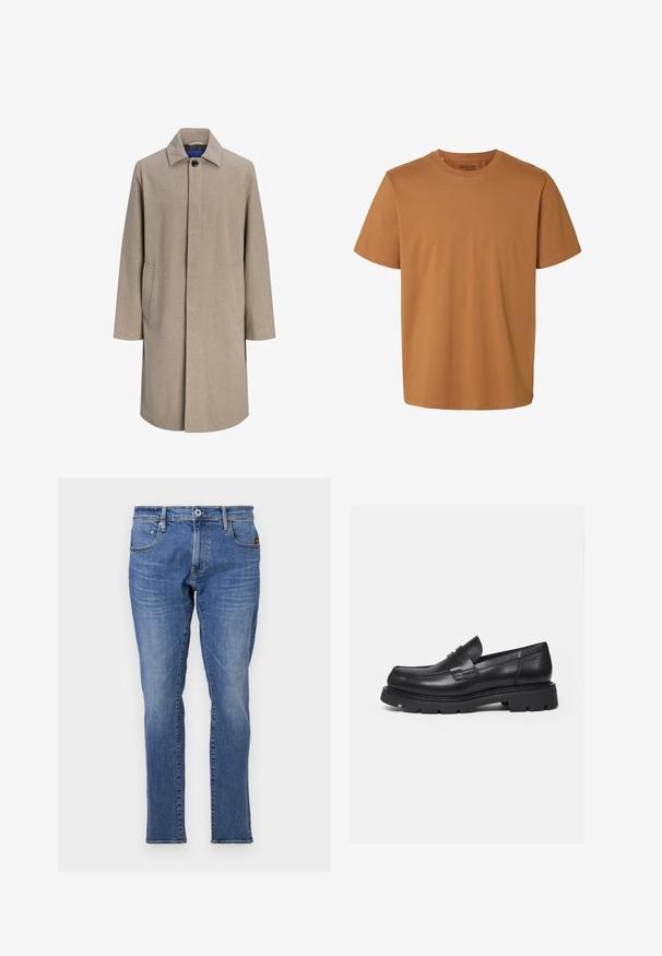 Manteau beige pour homme longueur genoux avec boutons cachés, col à cranté et poches latérales, présenté sur fond blanc.; T-shirt en coton marron uni à manches courtes, col rond et coupe régulière, étiqueté "Selected Homme" à l'intérieur du col.; Jeans en denim bleu avec un design classique à jambe droite, style cinq poches et accents de coutures oranges. Le tissu est texturé et durable.; Mocassin en cuir noir avec semelle épaisse crantée et détail de bride penny, présenté en profil droit sur fond blanc.