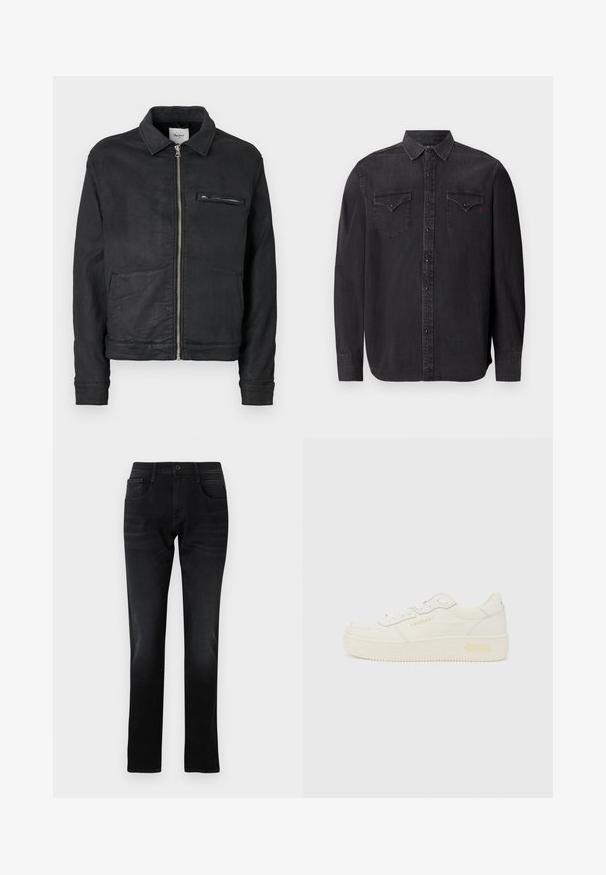 Schwarze Jacke mit Reißverschluss, Kragen, langen Ärmeln, zwei vorderen Einschubtaschen und einer Reißverschlusstasche auf der Brust.; Langärmliges schwarzes Jeanshemd mit klassischem Kragen, Druckknopfverschlüssen, zwei Brusttaschen und einem dezenten roten Logodetail.; Schwarze Jeans aus Denim mit geradem Schnitt, Fronttaschen und einem einzelnen Knopfverschluss. Verfügt über subtile Verblassungen und Näh-Details.; Niedriger weißer Sneaker mit Schnürung vorne, dicker Sohle und dezentem "REPLAY"-Logo an der Seite und Ferse, in Seitenansicht dargestellt.