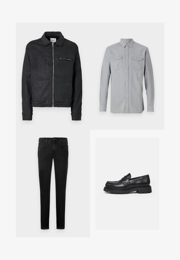 Sort lynlåstrøje med krave, lange ærmer, to forlommer og en lynlåslomme på brystet.; Lysegrå langærmet denimskjorte med knappet front, to brystlommer med klapper og knapper samt en spids krave.; Sorte denim jeans, slim fit, fem-lomme design, synlige syninger, lukning med frontknap og minimalistisk brandingdetalje på baglommen.; Sort læderloafer med tyk rillede sål og penny-remdetalje, vist i højre sideprofil på hvid baggrund.