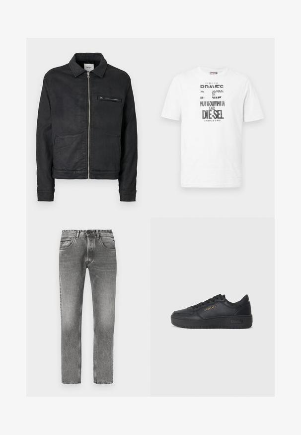 Chaqueta negra con cremallera, cuello, mangas largas, dos bolsillos frontales para las manos y un bolsillo en el pecho con cremallera.; Camiseta blanca de manga corta Diesel con texto gráfico en blanco y negro y logo en la parte delantera, cuello redondo y etiqueta de logo roja en la costura lateral.; Pantalones vaqueros de mezclilla gris con diseño de pierna recta, acabado desgastado, cinco bolsillos, trabillas para cinturón y detalles de costura en contraste.; Replay EPIC HIGH - Zapatillas - black