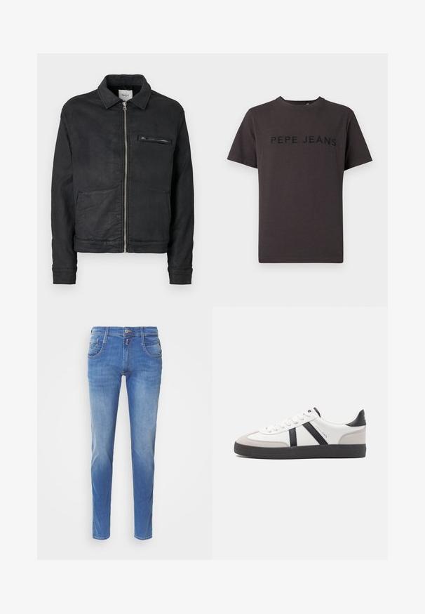 Chaqueta negra con cremallera, cuello, mangas largas, dos bolsillos frontales para las manos y un bolsillo en el pecho con cremallera.; Camiseta de algodón de color gris oscuro, con mangas cortas y cuello redondo. "PEPE JEANS" está grabado en negro en la parte delantera.; Jeans de denim azul con corte slim. Presenta cinco bolsillos, cierre de botón en la parte delantera y un ligero desgastado en las piernas. Corte recto.; Zapatilla blanca con acentos en negro y gris, que presenta una puntera texturizada en gris, suela de goma negra y cordones planos blancos. Diseño limpio, estilo minimalista.