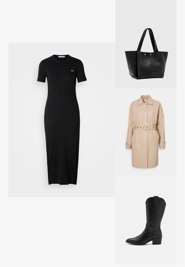 Beige Trenchcoat aus Baumwollmischung mit tailliertem Gurt, Knopfverschluss und zwei seitlichen Taschen. Klassischer Kragen und lange Ärmel.; Schwarzes, tailliertes Kleid mit kurzen Ärmeln, geripptem Muster und Rundhalsausschnitt, mit einem kleinen grünen Logo auf der Brust. Midi-Länge.; Schwarze Leder-Cowboystiefel mit spitzem Zehenbereich, Knöchelhöhe und einem gestapelten Absatz. Haben dekorative Stickereien und eine Zugschlaufe.; Schwarze Ledertasche mit breiten Griffen und zwei kleinen goldenen Knopfdetails vorne vor einem schlichten hellen Hintergrund.