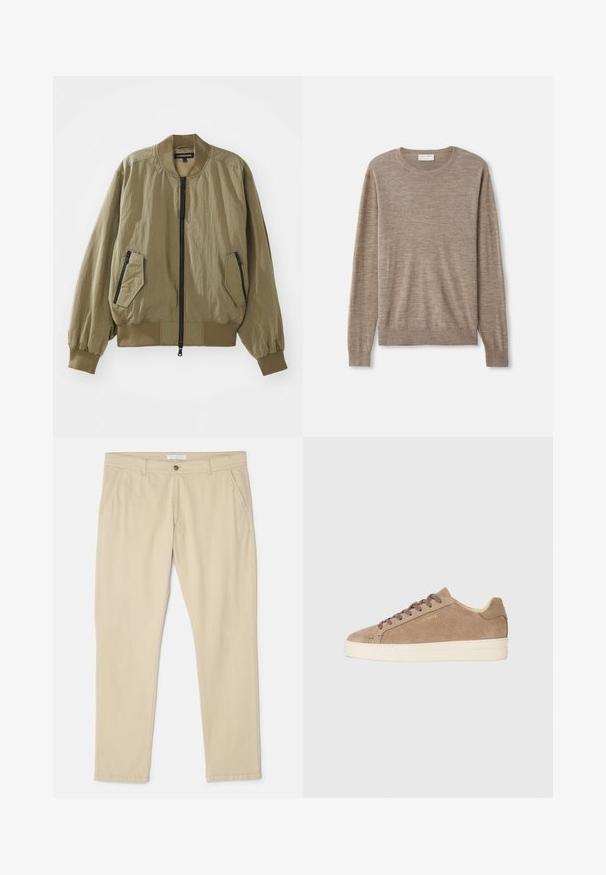 Ελαιοπράσινο bomber jacket φτιαγμένο από ελαφρύ ύφασμα, με φερμουάρ μπροστά, ριμπ μανσέτες και δύο γωνιακές τσέπες με φερμουάρ στο μπροστινό μέρος.; Μπεζ πουλόβερ από λεπτό πλεκτό ύφασμα. Διαθέτει στρογγυλή λαιμόκοψη, μακριά μανίκια και ριγέ μανσέτες και στρίφωμα. Απλός και κλασικός σχεδιασμός.; Μπεζ βαμβακερές chinos με ίσια γραμμή, που διαθέτουν δύο πλαϊνές τσέπες, κλείσιμο με κουμπί μπροστά και διακριτές ραφές.; Μπεζ σουέτ αθλητικά παπούτσια με στρογγυλή μύτη, κρεμ καουτσούκ σόλα και καφέ κορδόνια. Διαθέτουν ανάγλυφο λογότυπο της μάρκας στο πλάι και υφασμάτινη υφή.