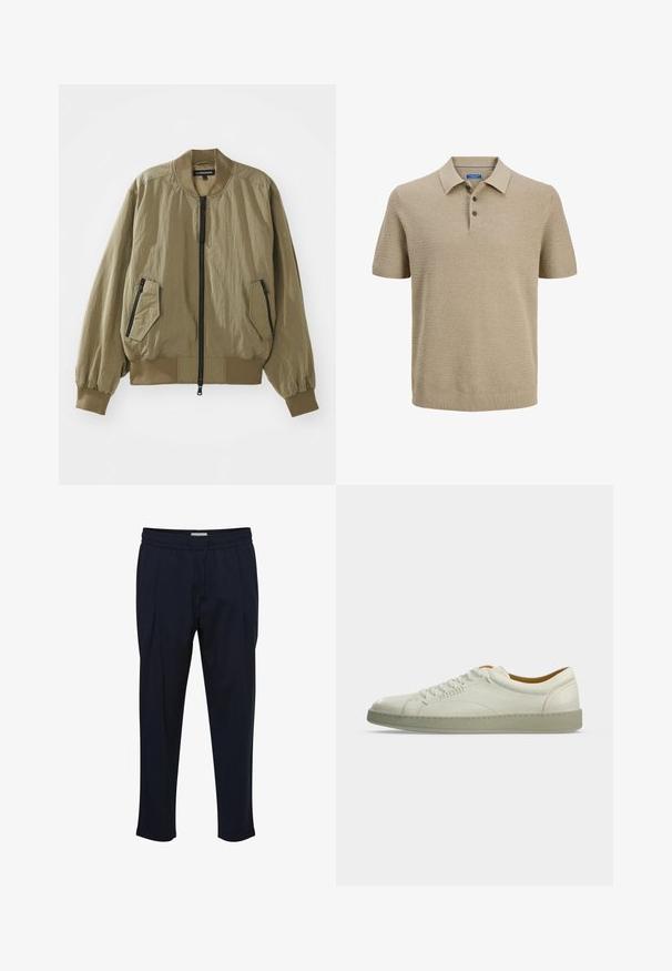 Ελαιοπράσινο bomber jacket φτιαγμένο από ελαφρύ ύφασμα, με φερμουάρ μπροστά, ριμπ μανσέτες και δύο γωνιακές τσέπες με φερμουάρ στο μπροστινό μέρος.; Μπεζ πλεκτό πόλο με κοντά μανίκια, τρία κουμπιά και ριμπ γιακά και τελείωμα.; Ναυτικό μπλε tailored παντελόνι με ζώνη ρύθμισης, πτυχώσεις μπροστά και σφηνοειδή άκρα. Κατασκευασμένο από ένα απαλό, ελαφρύ ύφασμα.; Λευκό δερμάτινο χαμηλό αθλητικό παπούτσι με μπεζ σόλα, πλευρικό δέσιμο και ελάχιστες ραφές, εμφανίζεται σε απλό ανοιχτό γκρι φόντο.