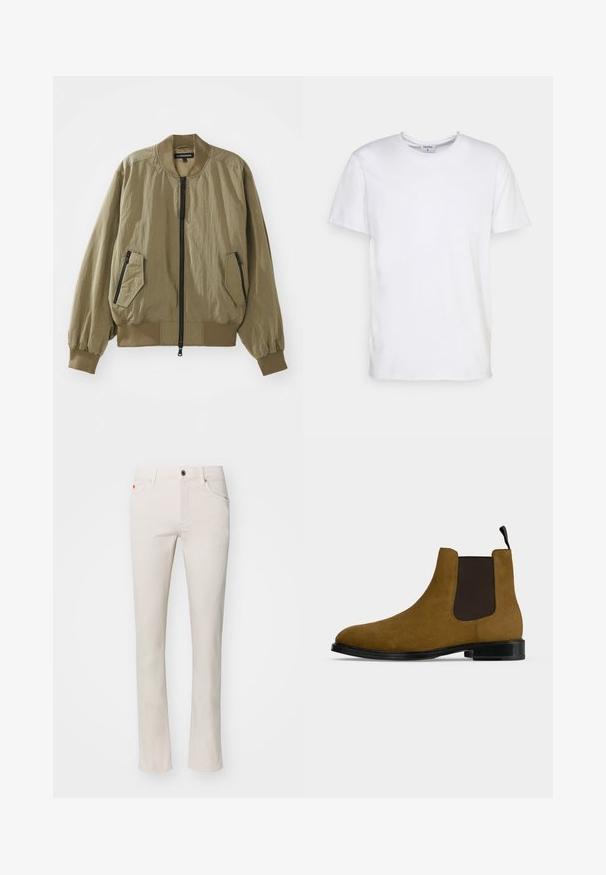Ελαιοπράσινο bomber jacket φτιαγμένο από ελαφρύ ύφασμα, με φερμουάρ μπροστά, ριμπ μανσέτες και δύο γωνιακές τσέπες με φερμουάρ στο μπροστινό μέρος.; Λευκό κοντομάνικο μπλουζάκι από βαμβάκι. Διαθέτει στρογγυλή λαιμόκοψη και άνετη εφαρμογή χωρίς ορατά μοτίβα ή διακοσμήσεις.; Μπεζ τζιν παντελόνι ευθείας γραμμής φτιαγμένο από βαμβακερό μείγμα. Διαθέτει παραδοσιακό σχέδιο πέντε τσεπών και μεταλλικό κούμπωμα στη μέση.; Καφέ μποτάκι Chelsea από σουέτ με μαύρο ελαστικό πλαϊνό πάνελ, μαύρη σόλα και λουράκι σε ανοιχτό γκρι φόντο.