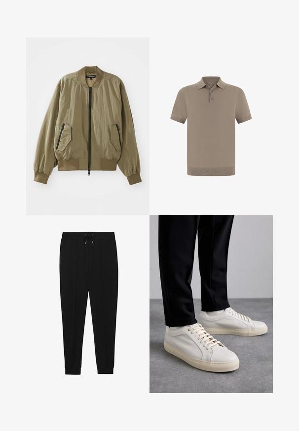 Olive zelená bomber bunda vyrobená z ľahkej tkaniny so zipsom vpredu, rebrovanými manžetami a dvoma šikmými zipsovými vreckami na prednej strane.; Polo tričko v odtieni taupe s textúrovaným povrchom, krátkymi rukávmi a golierom. Má zapínanie na tri gombíky a rebrované manžety.; Čierne športové nohavice s úzkym pásom a zaväzovaním, zúženými nohavicami a rebrovanými manžetami. Vyrobené z mäkkej tkaniny s hladkou textúrou.; Svetlo béžové kožené tenisky s plochými šnúrkami, textúrovaným povrchom a kontrastnou krémovou gumovou podrážkou, skombinované s čiernymi zúženými nohavicami.