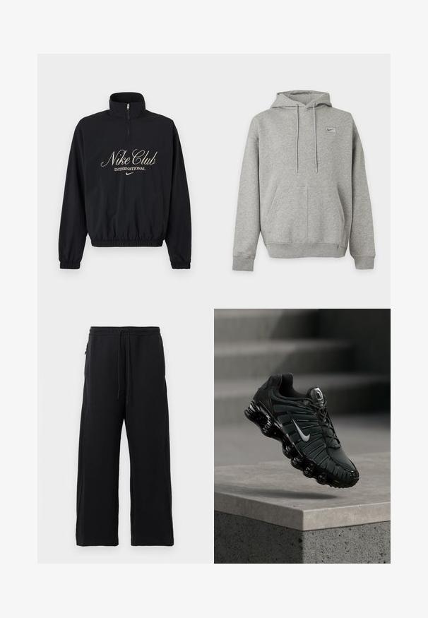 Musta pitkähihainen pusero neljännesvetoketjulla, joustavilla resoreilla hihoissa ja helmassa. Tekstissä "Nike Club International" ja Nike-logo beigen värisenä.; Vaaleanharmaa Nike-huppari, jossa on etutasku, nyörillä säädettävä huppu ja pieni logo vasemmassa rinnassa, yksivärisellä taustalla.; Mustat collegehousut, jotka on valmistettu pehmeästä kankaasta. Niissä on nauhavyötärö, leveät lahkeet ja sivutaskut, joissa on sileä pinta.; Musta ja tummanharmaa Nike-juoksukenkä, jossa valkoinen swoosh-logo, roikkuu betonireunan ja portaiden yllä taustalla.