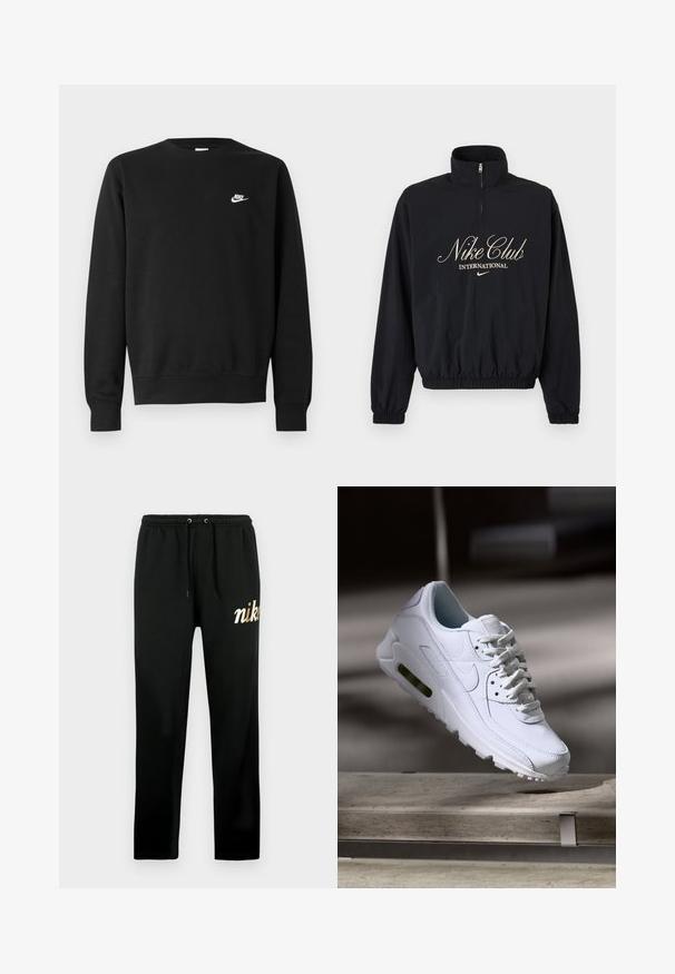 Must pikkade varrukatega poollukuga džemprikangas, elastsete mansettide ja äärega, millel on tekst "Nike Club International" ja Nike logoga beezis kirjas.; Mustast puuvillast dressipluus, millel on ümar kaelus, pikad varrukad ja väike valge Nike logo paremal ülakõhul.; Mustad pehmet kangast dressipüksid, millel on elastne vöökoht paeladega, kitsenevad sääred ja kuldse tikandiga "nike" logo.; Valge nahast tennisete õhustuskujuga pinnad, pehmendustega krae ja nähtav õhuklapp tallas. Omab paelu ja minimaliseeritud disaini.