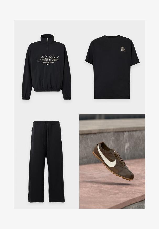 Must pikkade varrukatega poollukuga džemprikangas, elastsete mansettide ja äärega, millel on tekst "Nike Club International" ja Nike logoga beezis kirjas.; Must lühikeste varrukatega T-särk, millel on vasakul rinnal väike beež vapilogo, millel on sõna „NIKE“ pärja ja krooni kujunduses.; Mustad mustad, pehmest kangast, tõmbluku ülesehitusega, laiad jalad ja küljetaskud, mis omavad siledat tekstuuri.; Pruun Nike jooksujalats, valge Swoosh logoga ja kummist tald, hõljumas roosa kivipinna kohal, halli kivitaustaga.