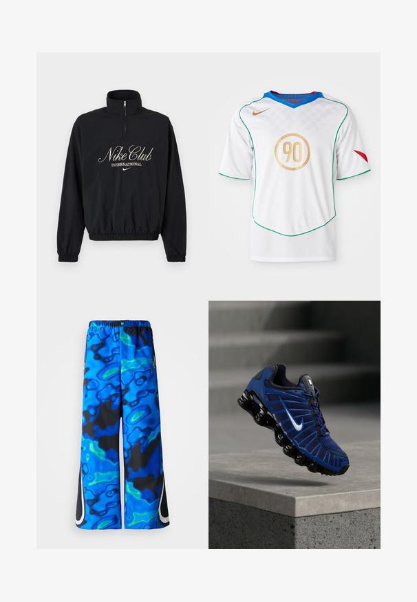 Sort langærmet pullover med kvartlynlås, elastiske ærmegab og kant, med teksten "Nike Club International" og Nike swoosh-logo i beige.; Hvid fodboldtrøje med grønne kanter, gyldent cirkulært '90' logo, blå krave og rødt accent på venstre ærme. Ternede mønster tekstur.; Blå og sorte bukser med abstrakt mønster og bred benvidde, elaskisk talje samt lynlåslommer i siden på en ensfarvet baggrund.; Blå og sort Nike løbesko med hvid swoosh-logo, svævende over en betonforkant med teksturerede trin i den slørede baggrund.