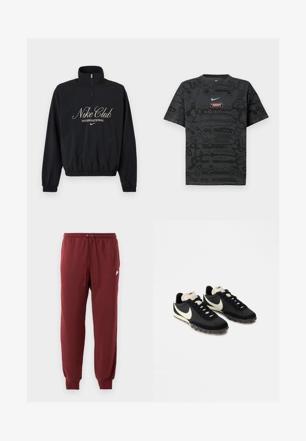Sort langærmet pullover med kvartlynlås, elastiske ærmegab og kant, med teksten "Nike Club International" og Nike swoosh-logo i beige.; Sort T-shirt med et tekstureret mønster, der har en lille Nike-logo i lyseblå og en rektangulær logo-patch i kontrastfarver.; Bordeaux sweatpants lavet af blødt stof, med en elastisk talje med snor og tapered manchetter, prydet med et lille hvidt logo.; Sorte sportssko med en struktureret overdel, hvid swoosh-logo og gummisål med små stik til trækkraft. Elfenbensfarvet krave.