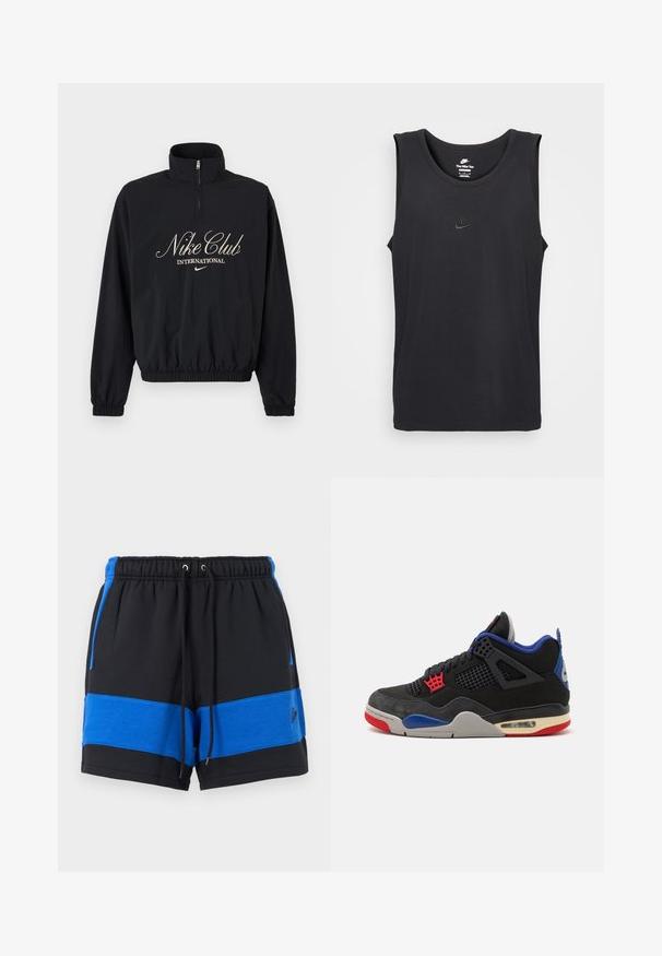 Musta pitkähihainen pusero neljännesvetoketjulla, joustavilla resoreilla hihoissa ja helmassa. Tekstissä "Nike Club International" ja Nike-logo beigen värisenä.; Musta hihaton Nike toppi, joka on valmistettu puuvillasta, jossa on pyöreä kaula-aukko ja pieni kohokuvioitu logo rinnassa. Sileä kangas.; Miesten mustat ja siniset urheilushortsit, joissa on joustava vyötärönauha, kiristysnauha, sivutaskut ja vaakasuuntainen sininen raita helman läheisyydessä.; Jordan AIR JORDAN 4 RETRO - Korkeavartiset tennarit - black/fire red/deep royal blue/dark smoke grey/tech grey
