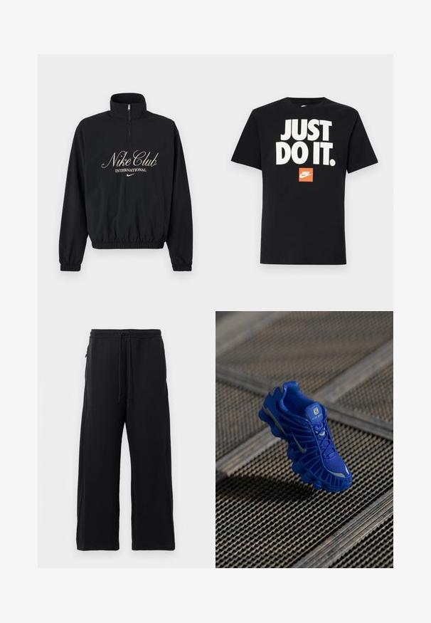 Zwarte trui met lange mouwen en een kwart ritssluiting, elastische manchetten en zoom, met de tekst "Nike Club International" en het Nike-swooshlogo in beige.; Zwarte katoenen t-shirt met korte mouwen. Kenmerkt zich door grote witte tekst "JUST DO IT." boven een klein oranje Nike-logo. Standaard ronde halsontwerp.; Zwarte joggingbroek van zacht materiaal, met een verstelbare tailleband, een wijdere broekspijpenontwerp en zijzakken met een gladde textuur.; Blauwe sportschoen met een bovenwerk van mesh, een gestructureerd ontwerp en een opvallende zool met duidelijke dempingselementen en reflecterende accenten.