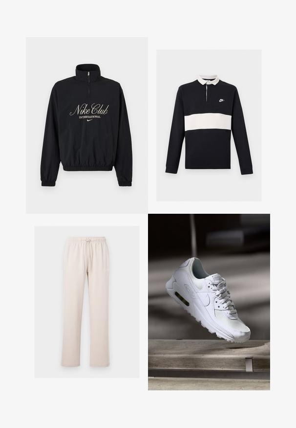 Čierny pulóver s dlhým rukávom a štvrťovým zipsom, elastické manžety a lem, s nápisom "Nike Club International" a logom Nike swoosh v béžovej farbe.; Čierne rugby polo s dlhým rukávom s bielym horizontálnym pásikom cez hruď, bielym golierom, gombíkovou légou a malým bielym logom Nike na ľavej strane hrudníka.; Svetlo béžové tepláky Nike s elastickým pásom a šnúrkou, rovné nohavice a malé biele logo Nike na ľavom stehne.; Biele tenisky Nike Air Max 90 s vrchnou časťou z kože a sieťoviny, perforovanou špičkou a viditeľnou vzduchovou jednotkou v päte.
