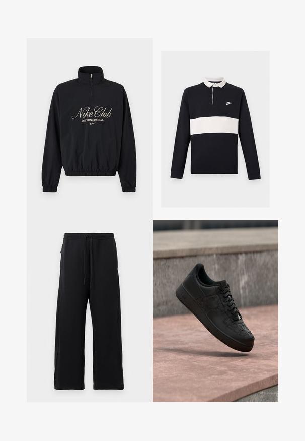 Must pikkade varrukatega poollukuga džemprikangas, elastsete mansettide ja äärega, millel on tekst "Nike Club International" ja Nike logoga beezis kirjas.; Must pika varrukaga ragbipolo, millel on valge horisontaalne triip rinnal, valge krae, nööpidega klapp ja väike valge Nike logo vasakul rinnal.; Mustad mustad, pehmest kangast, tõmbluku ülesehitusega, laiad jalad ja küljetaskud, mis omavad siledat tekstuuri.; Mustad madala säärega tennised, mille nahale on pressitud tähemustrid, mustad paelad ja väike hõbedane tähekujuline ripats eesmisel paelal.