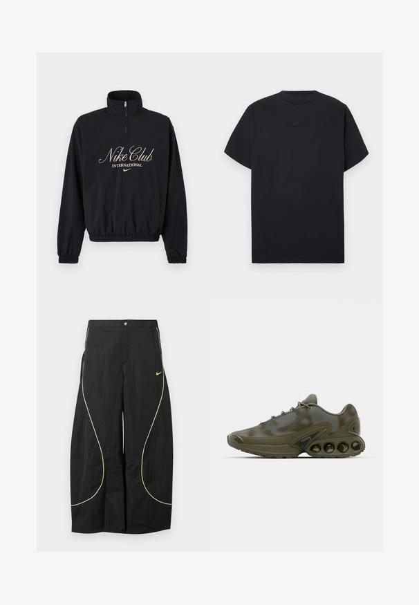 Schwarzer Langarm-Pullover mit Viertelreißverschluss, elastischen Bündchen und Saum, mit dem Schriftzug "Nike Club International" und dem Nike-Swoosh-Logo in beiger Schrift.; Schwarzes Nike T-Shirt mit kurzen Ärmeln, Rundhalsausschnitt und kleinem schwarzem Nike-Logo mittig auf der Brust.; Schwarze Nike-Hose mit weitem Bein, neongrünem, geschwungenem Paspel und kleinem Nike-Swoosh-Logo auf dem rechten Oberschenkel, mit Knopf- und Reißverschlussbund.; Dunkelgrüner Sportschuh mit einer strukturierten Oberseite, Schnürverschluss und einer auffälligen Sohle, die sechs sichtbare Luftpolsterungseinheiten aufweist.