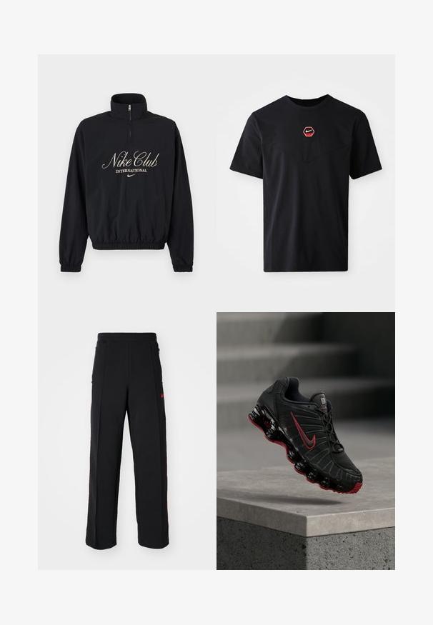 Čierny pulóver s dlhým rukávom a štvrťovým zipsom, elastické manžety a lem, s nápisom "Nike Club International" a logom Nike swoosh v béžovej farbe.; Čierne tričko s krátkym rukávom z bavlny, s červeno-bielym šesťuholníkovým logom Nike na hrudi a zaobleným výstrihom.; Čierne tepláky so voľným strihom, ktoré majú červené akcenty a vrecká po stranách. Materiál vyzerá mäkko a má hladkú textúru.; Čierno-červená športová obuv Nike s viditeľnou pružinovou podrážkou, balansujúca na okraji betónového schodu.