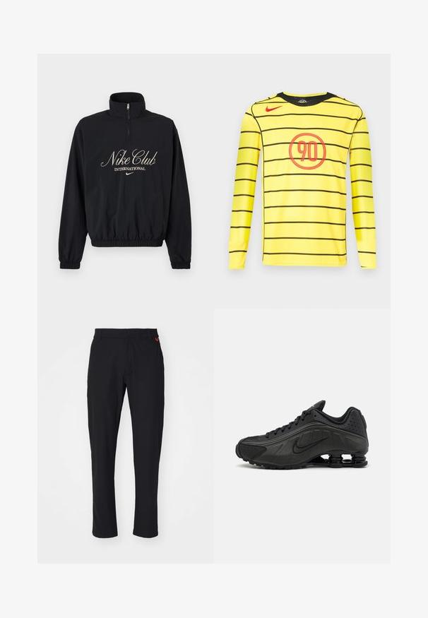 Must pikkade varrukatega poollukuga džemprikangas, elastsete mansettide ja äärega, millel on tekst "Nike Club International" ja Nike logoga beezis kirjas.; Kollane pika varrukaga särk mustade horisontaalsete triipudega, millel on punane ümmargune graafika keskel numbriga "90" ja must kaelus.; Mustad mustad püksid, mis on valmistatud siledast ja kergest kangast, millel on lukuga esikülg ja kaks külgtaskut. Vöökoha oranž logo aktsent.; Mustad mustat jooksujalad, millel on sile sünteetiline ülemus, perforatsioonid, tekstureeritud külgpaneelid ja eristuv elastne tall.