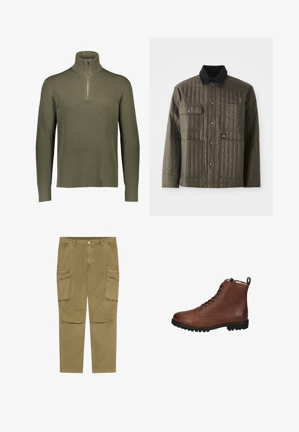 Chaqueta acolchada de color verde olivo con un cuello de pana negro, cuatro bolsillos frontales, cierres a presión y una pequeña etiqueta con logo en el lateral.; Suéter de punto acanalado verde oliva con cuello alto y cierre de cremallera de cuarto. Presenta mangas largas y un acabado texturizado.; Pantalones cargo caqui con cierre de botón y cremallera, que cuentan con bolsillos con solapa lateral y bolsillos frontales angulados.; Botas de tobillo de cuero marrón con un acabado texturizado, parte delantera con cordones, punta redondeada y suela de goma gruesa. Incluye un tirador en la parte trasera.