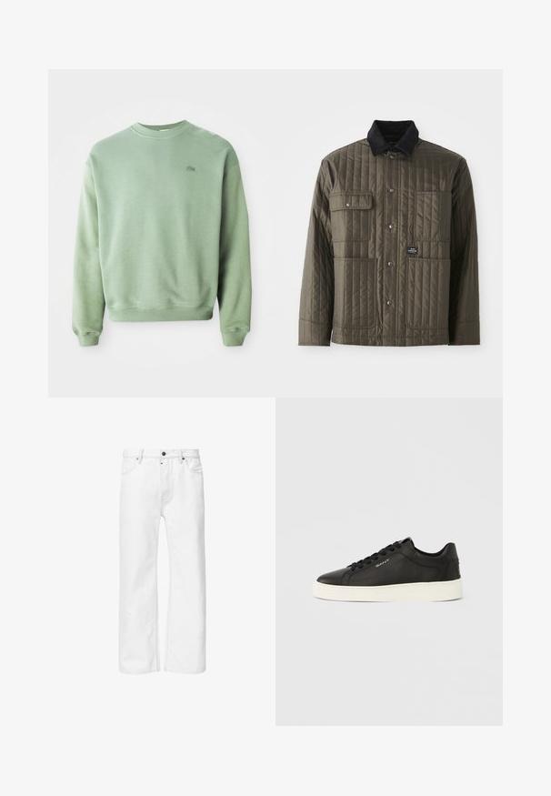 Gequilted olijfgroene jas met een zwarte ribkraag, vier voorzakken, drukknoopsluitingen en een klein logolabel aan de zijkant.; Lichtgroene crewneck sweatshirt met lange mouwen en een klein geborduurd krokodillenlogo op de linkerborst.; Witte denim jeans met een rechte pasvorm, standaard vijf-pocket ontwerp en metalen knoopsluiting in de taille, met ton-sur-ton stiksel.; Zwarte leren sneakers met een witte rubberen zool, platte veters en een merkdetail aan de zijkant. Soepele textuur en een afgeronde neus.