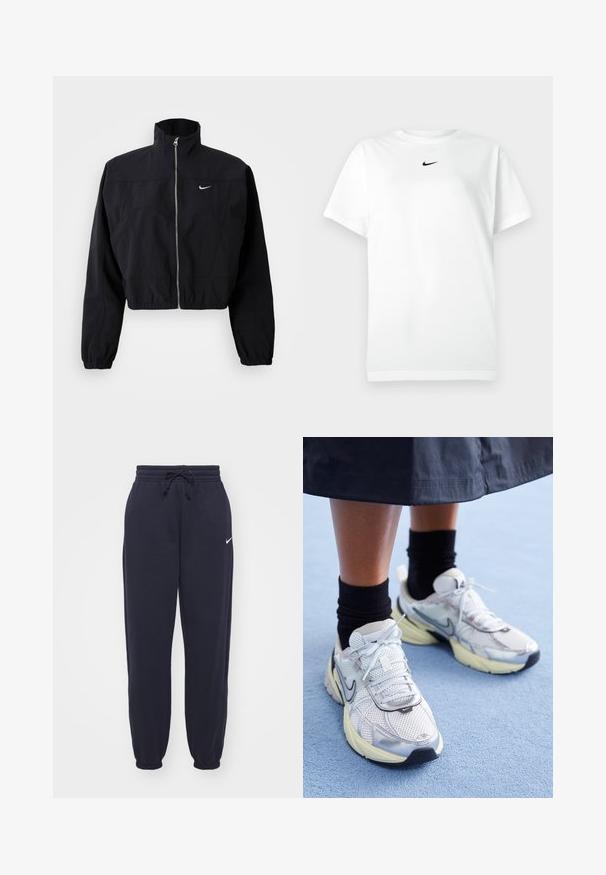 Chaqueta negra corta hecha de material ligero, con un cuello alto, cremallera completa y puños elásticos; incluye un pequeño logo blanco en el pecho.; Camiseta de manga corta blanca con cuello redondo y pequeño logo de Nike en negro centrado debajo del escote.; Pantalones de chándal Nike en azul marino, hechos de un material suave. Cuenta con una cintura elástica con cordón y tobillos ajustados. Pequeño acento con el logo blanco.; Zapatillas Nike blancas y plateadas con tejido de malla, detalles reflectantes y una suela beige. Llevadas con calcetines negros, de pie sobre una superficie azul.