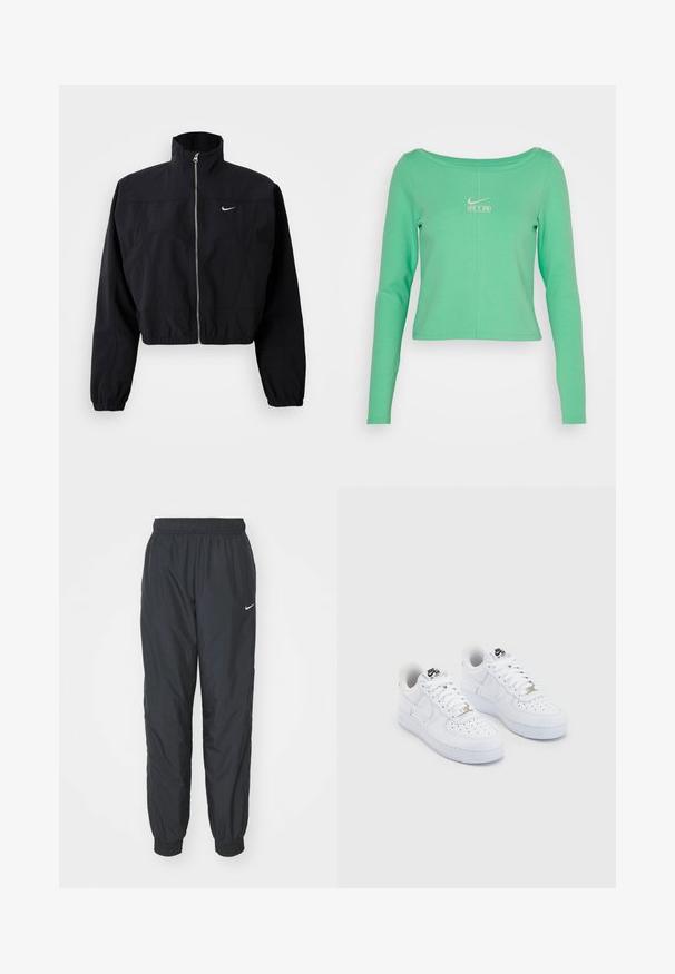 Chaqueta negra corta hecha de material ligero, con un cuello alto, cremallera completa y puños elásticos; incluye un pequeño logo blanco en el pecho.; Camisa de manga larga, corta, en verde menta, hecha de algodón suave, con un escote redondo y un logo blanco de Nike Air en el pecho.; Pantalones de chándal negros de Nike hechos de un tejido ligero, con una cinturilla y puños elásticos, y un pequeño logo blanco en la pierna izquierda.; Zapatillas Nike Air Force 1 blancas con una parte superior de cuero suave, puntera perforada, cordones blancos y un logotipo negro en la lengüeta.