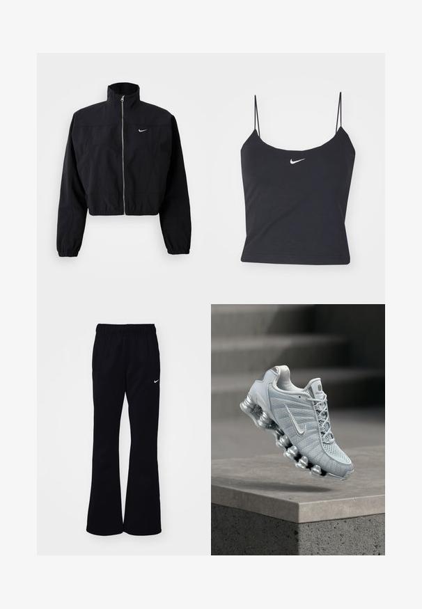 Chaqueta negra corta hecha de material ligero, con un cuello alto, cremallera completa y puños elásticos; incluye un pequeño logo blanco en el pecho.; Top negro sin mangas con escote redondeado, tirantes finos y un logo de Nike blanco centrado. Hecho de un tejido suave, con un diseño ajustado.; Pantalones de chándal negros con una cinturilla elástica, perneras acampanadas, dos bolsillos laterales y un logo de Nike en blanco en el lado izquierdo.; Zapatilla de running Nike de color gris claro con suela acolchada tipo muelle flotando sobre un borde de hormigón, fondo con escaleras desenfocadas.