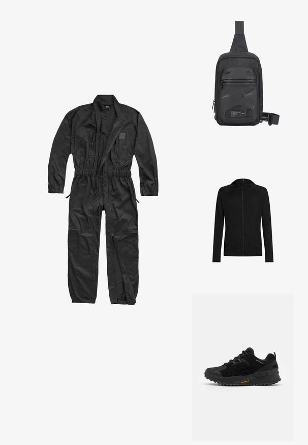 Zwarte slim-fit jas met capuchon, lange mouwen en ritssluiting aan de voorkant.; Brandit BRANDIT HERREN EINSATZKOMBI - Jumpsuit - black; Zwarte sportschoen met een bovenwerk van mesh en synthetisch materiaal, een gestructureerde rubberen zool, waterafstotende accenten en reflecterende details.; Zwarte schoudertas gemaakt van duurzaam materiaal, met een gladde voorpaneel met reliëflogo's, een verstelbare schouderband en ritssluitingen.