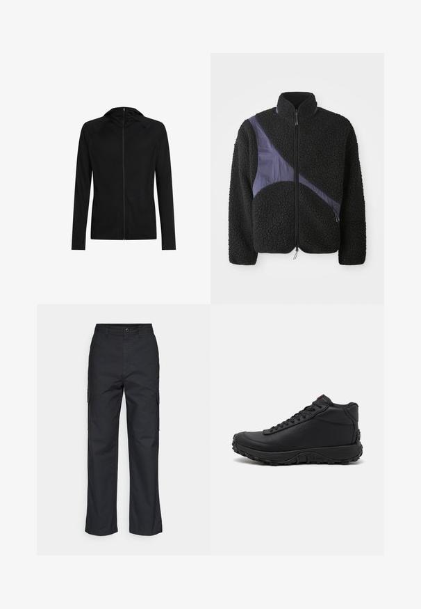 Sort slim-fit hættejakke med lange ærmer og lynlåslukning foran.; Sort fleecejakke med en diagonal lilla nylonaccent, høj krave, lynlås lukning og tekstureret stof for varme.; Sorte cargo bukser med lige ben i designet, der har sidelommer og et tekstureret stof. Knaplukning i taljen for en sikker pasform.; Sorte høje sneakers lavet af struktureret læder, med en tyk gummisål med trækmønstre og snørefunktion. Rød detalje på tungen.