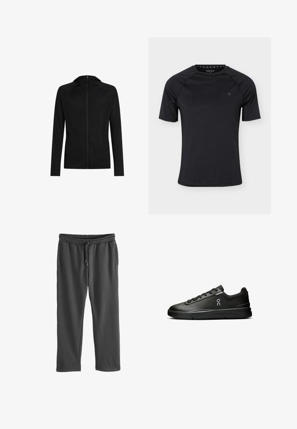 Sort slim-fit hættejakke med lange ærmer og lynlåslukning foran.; Sort sport T-shirt med korte ærmer og rund halsudskæring med lille logo på venstre bryst, vist på ensartet lyst baggrund.; Grå sweatpants med elastisk talje og justerbar snøre. Fremstillet af blødt stof, med sidelommer og en afslappet pasform.; On THE ROGER ADVANTAGE - Sneakers - black black