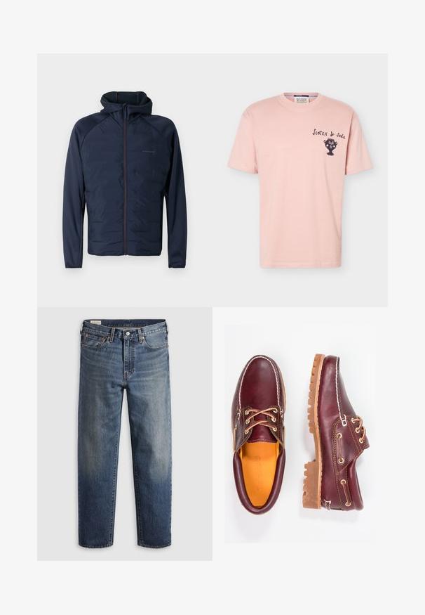 Marineblauwe lichte jas met volledige rits aan de voorkant, hoge kraag, lange mouwen en een subtiel logo op de linkerborst.; Lichtroze T-shirt met korte mouwen met zwarte "Scotch & Soda" tekst en een gestileerde gezichtsgrafiek op het linkerbovenborstgebied.; Donkerblauwe spijkerbroek van denim met een losse pasvorm, rechte pijpen, vijf steekzakken en subtiele vervaging op de dijen. Zilveren knoop en klinknagels.; Bordeaux leren schoenen met bruine rubberen zolen, ronde neus, witte stiksels en gouden veterogen. Het interieur heeft een gele voering.
