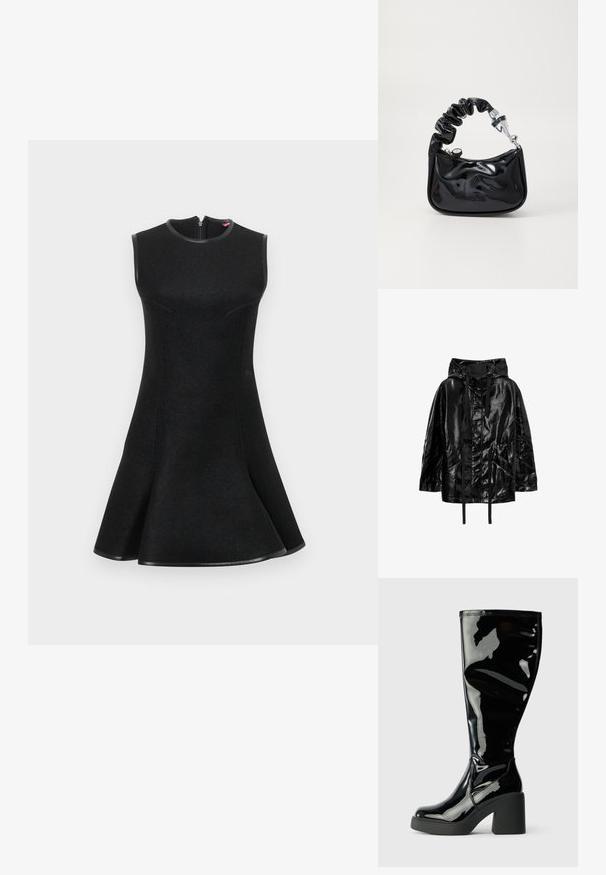 Veste noire, brillante et imperméable avec capuche, dotée de cordons de serrage et de deux poches avant, avec une coupe décontractée et une texture lisse.; Robe noire sans manches avec une jupe évasée, en tissu texturé, coutures courbes et fermeture éclair au dos. Accentuée d'une bordure noire.; Bottes en cuir verni noir, arrivant jusqu'aux genoux, avec une surface lisse et brillante, des orteils carrés et des talons épais noirs. Coutures décoratives sur le côté.; Sac à main en matériau noir verni avec une anse froissée, quincaillerie argentée, forme arrondie, fermeture éclair et texture lisse et brillante.