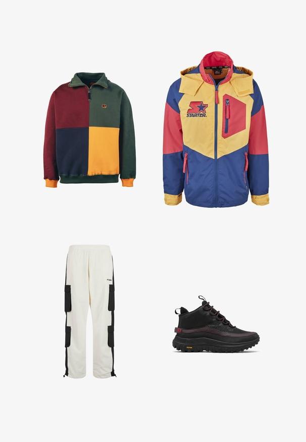 Bunte Windbreaker-Jacke mit einem Farbblockdesign in Gelb, Rot und Blau, ausgestattet mit einem Logo und mit Reißverschlüssen versehenen Taschen zur Aufbewahrung.; Blockfarbener Sweatshirt mit Abschnitten in Grün, Burgunderrot, Marineblau und Senfgelb. Reißverschlusskragen-Design mit einem Elefantenlogo auf der Brust. Weicher Stoff.; Weiße Cargo-Hose mit schwarzen Seitenpanelen, elastischem Bund und Cargo-Taschen. Mit verstellbaren Säumen und FUBU-Logo am linken Bein.; Schwarze High-Top-Sneaker mit strukturiertem Obermaterial, kontrastierenden roten Akzenten, dicker Gummisohle mit tiefem Profil und markantem Logo.