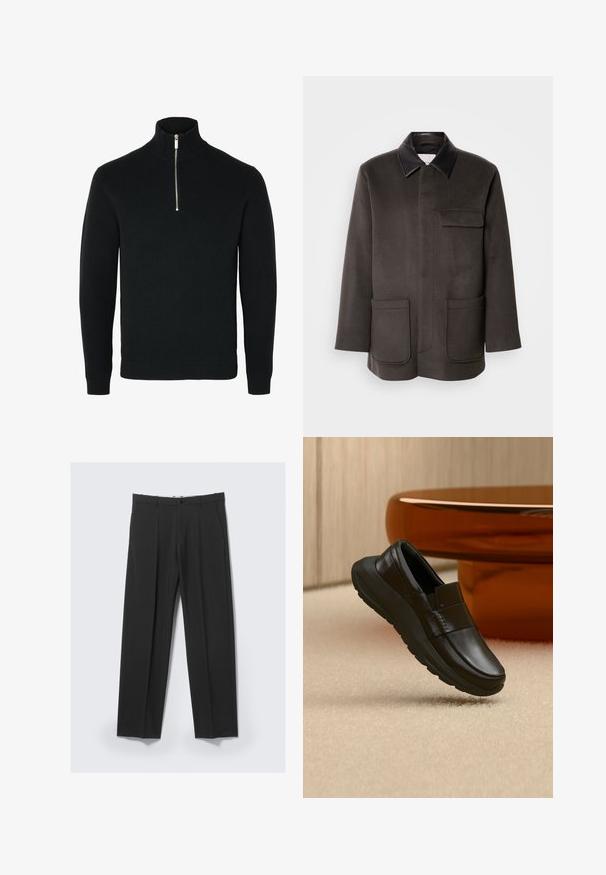 Mørkegrå uldblandet frakke med sort kunstlæderkrave, to forlommer og en enkelt brystlomme.; Sort langtærmet strikket sweater med ribbet høj krave og en sølv halv lynlås foran i midten.; Sorte skræddersyede bukser med forreste plisseringer, sidelommer, bæltestropper og knaplukning ved linningen på en lys baggrund.; Sort læderloafer med tyk sål, vist over beige tæppe og nær en rund bordfod i ravfarve.