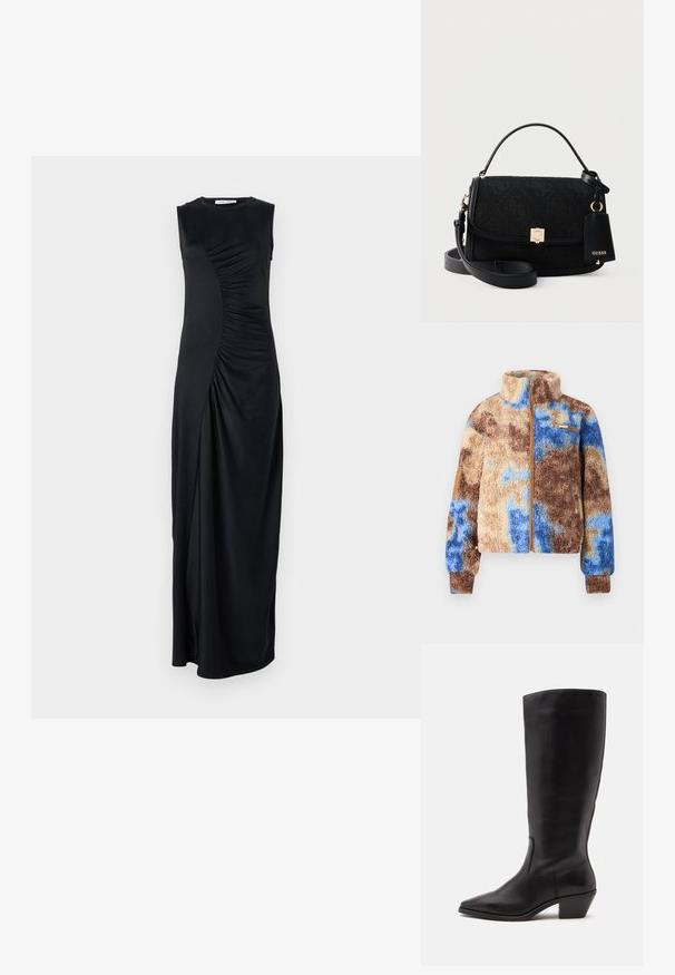 Helmstedt SAFIYA JACKET - Fleecejakke - blue moss; Sort ærmeløs maxi-kjole med draperet sidelining, lavet af glat stof; har en rund halsudskæring og en tætsiddende silhuet.; Sort læderstøvle til midtkalv med spids tå og lavt skråt hæl på en enkel lys baggrund.; Sort Guess håndtaske med topgreb, justerbar skulderrem, diskret logomønster og lås samt mærke i guldtoner.