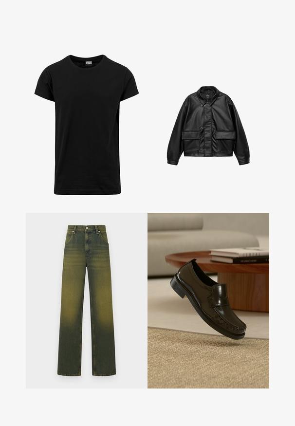 Schwarze Jacke aus Kunstleder mit Klappentaschen, verstellbaren Manschetten und drei Vorderseiten-Verschlüssen aus Metall.; Schwarzes T-Shirt aus Baumwolle, mit klassischem Rundhalsausschnitt, kurzen, umgeschlagenen Ärmeln und geradem Saum. Einfaches, einfarbiges Design ohne Muster.; Grüne Denim-Jeans mit einem verblassten Farbverlauf, hoher Taille, weitem Beinumfang, fünf Taschen und metallischem Knopfverschluss.; Schwarzer Leder-Slipper, der über einem beigen gewebten Teppich mit einem hölzernen Couchtisch und Büchern im Hintergrund schwebt.