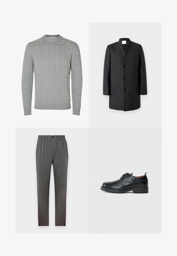 TOM TAILOR DENIM Manteau court - grey; Pull en tricot gris clair avec un motif torsadé, col rond et poignets et ourlet côtelés. Confectionné en tissu doux et texturé.; Pantalons gris au design ajusté, dotés d'une taille élastique, d'une fermeture à bouton et de jambes droites; fabriqués en tissu doux et texturé.; Chaussures derby en cuir noir avec une texture lisse, bout rond, design à lacets et une semelle en caoutchouc épaisse et robuste.