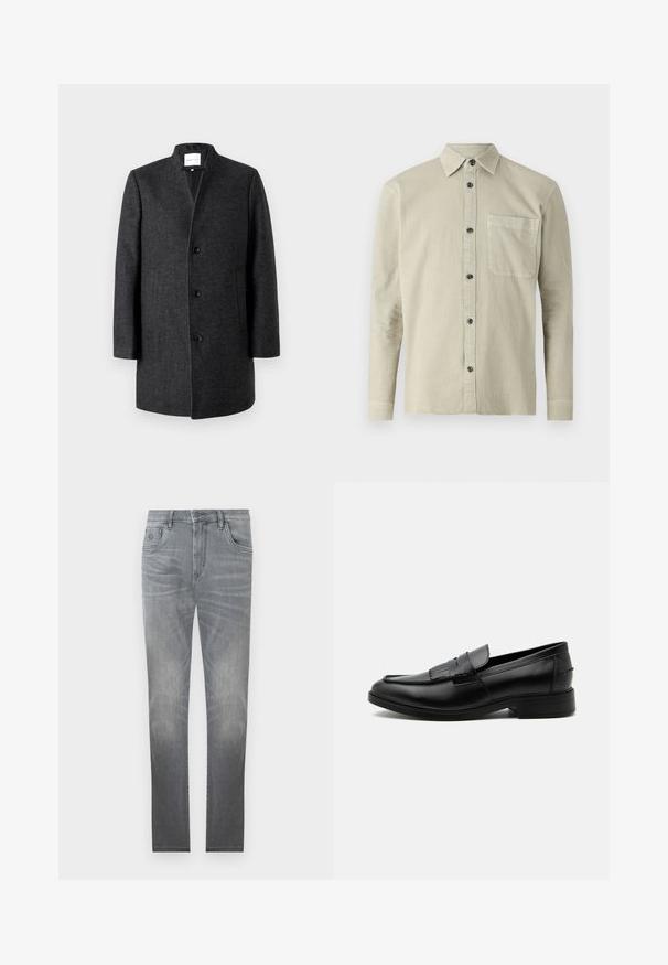 TOM TAILOR DENIM Kurzmantel - grey; Langarm-Hemd aus leicht beigem Stoff. Verfügt über einen spitzen Kragen, eine Brusttasche und schwarze Knöpfe. Einfaches, strukturiertes Design.; Graue Jeans aus Denim mit einem ausgebleichten Design, fünf Taschen, Knopfverschluss und geradem Schnitt. Sanfte Textur mit leichtem Verschleiß an den Kanten.; Schwarzer Leder-Herrenloafer mit Quasten-Detail, abgerundeter Spitze, niedrigem Absatz und glatter, polierter Oberfläche, von der Seite auf weißem Hintergrund dargestellt.