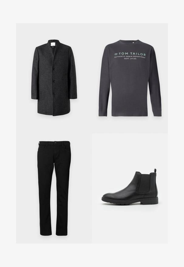 TOM TAILOR DENIM Korte frakker - grey; TOM TAILOR PRINTED - Langærmet T-shirt - tarmac grey; Sorte denim jeans med en slim fit, der har forlommer, bæltestropper og en knaplukning. Glat tekstur med en ensfarvet overflade.; Sort læder Chelsea-boot med elastiske sidepaneler og en løftestrop, der har en rund tå og en tekstureret gummisål.