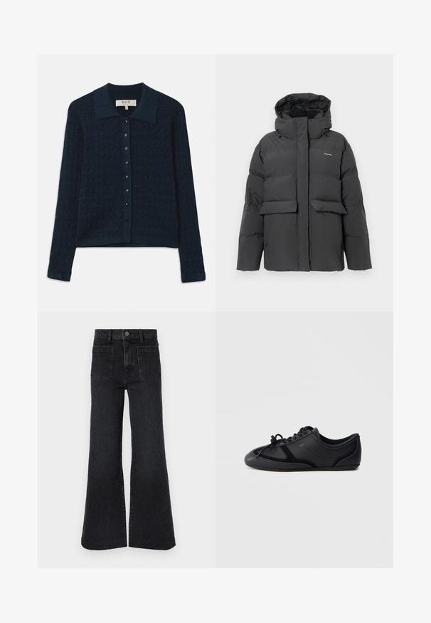 Veste d'hiver noire matelassée avec capuche, poches avant à rabat et fermeture éclair intégrale, présentée sur un fond blanc uni.; Cardigan en maille bleu marine avec un motif texturé, une fermeture à boutons à l'avant et un col contrastant. Il est doté de manches longues et d'une finition côtelée.; Jean noir évasé taille haute avec passants de ceinture, bouton avant, fermeture éclair et deux grandes poches plaquées à l'avant sur fond blanc.; Baskets basses noires à lacets avec une finition lisse et brillante, coutures minimales et semelle plate sur un fond uni.