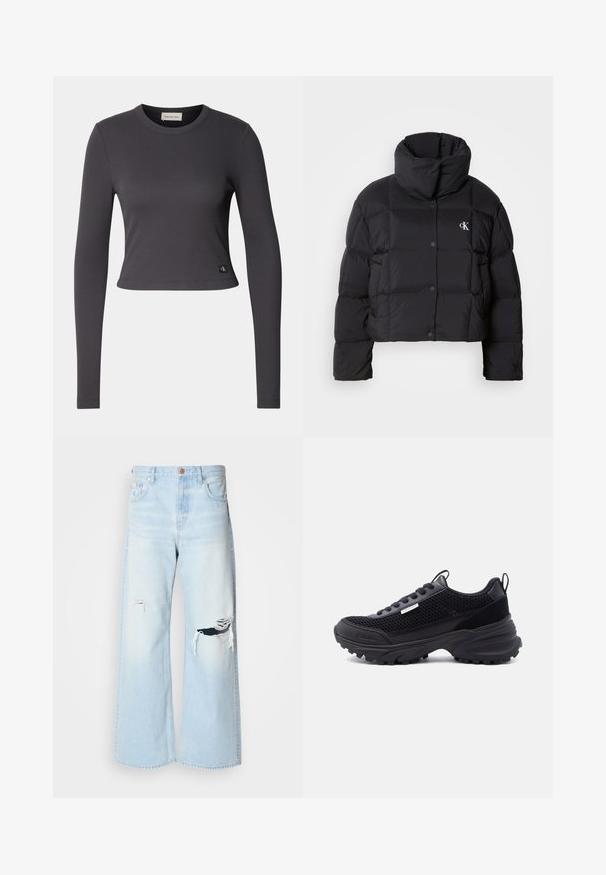 Sort pufferjakke med cropped design, høj krave og knaplukning. Fremstillet af glansfuldt, isoleret materiale med quiltede sektioner.; Langærmet, cropped top i mørkegrå ribbet stof med en rund halsudskæring og et lille logo patch nederst. Glat tekstur, tætsiddende design.; Lyseblå brede jeans lavet af denim, med høj talje, store revner ved knæene og et klassisk fem-lomme design med kobberhardware.; Sort sportssko med mesh-overdel, tyk sål, snørebånd og lille Calvin Klein-logo på siden og tæsområdet.