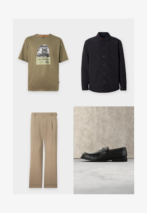 Sort langærmet skjortejakke med trykknapper, spids krave og let buet kant mod en lys baggrund.; Grøn bomulds T-shirt med korte ærmer, der har et grafisk tryk af et køretøj og teksten "ALL-TERRAIN" på et firkantet mærke.; Beige bukser lavet af letvægtigt stof, med et lige ben-design, dobbelte folder og opfoldede kanter for en afslappet pasform.; Sort læderloafer med metalbrandskilt hvilende nær et brunt rundt bord på beige tæppe.