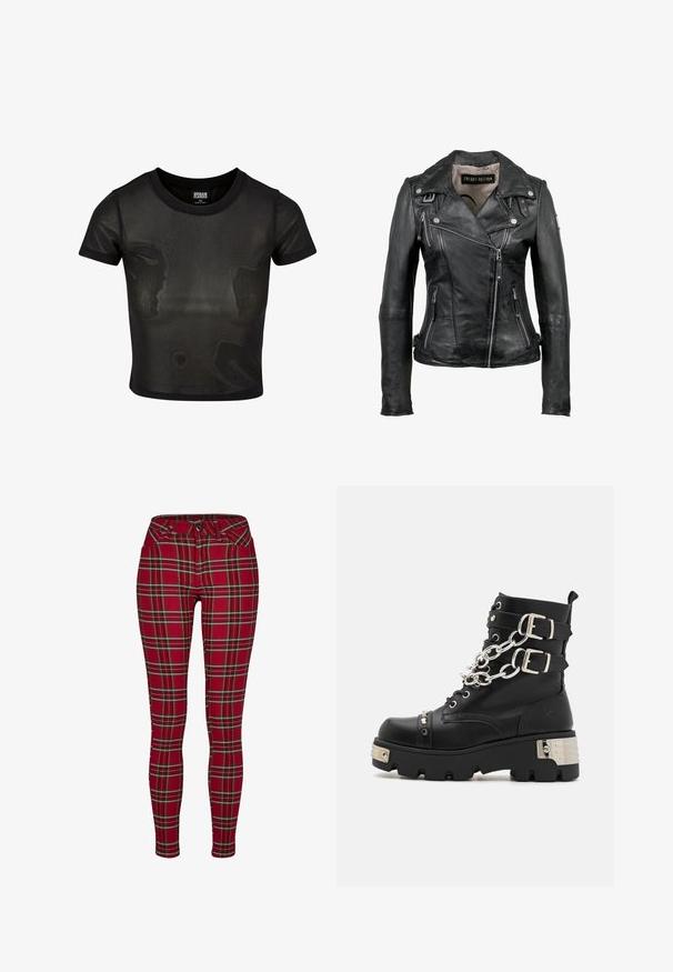 Chaqueta de biker de piel negra con cierre de cremallera asimétrico, herrajes en plata, dos bolsillos frontales con cremallera y diseño de cuello con muesca.; Camiseta corta negra hecha de tela translúcida, con mangas cortas y escote redondo. Superficie texturizada y dobladillo sólido en contraste.; Jeans skinny de cuadros rojos con un diseño ajustado, que cuentan con líneas amarillas y negras, cierre de botón y bolsillos frontales estándar.; Koi Footwear SHACKLED SHADOWS HEAVY DUTY CHAIN - Botines camperos - black
