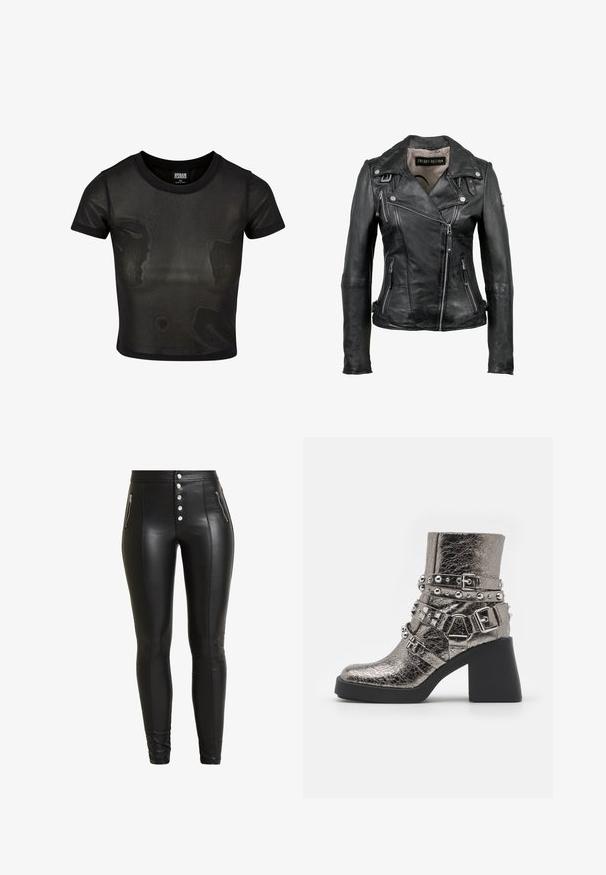 Chaqueta de biker de piel negra con cierre de cremallera asimétrico, herrajes en plata, dos bolsillos frontales con cremallera y diseño de cuello con muesca.; Camiseta corta negra hecha de tela translúcida, con mangas cortas y escote redondo. Superficie texturizada y dobladillo sólido en contraste.; Pantalones de imitación de cuero negros de cintura alta con cierre de cinco botones, dos bolsillos con cremallera y un diseño ajustado, con detalles de costura en la parte delantera.; Botín metálico plateado con múltiples correas negras, tachuelas plateadas y un tacón negro grueso. Superficie texturizada con un acabado brillante.