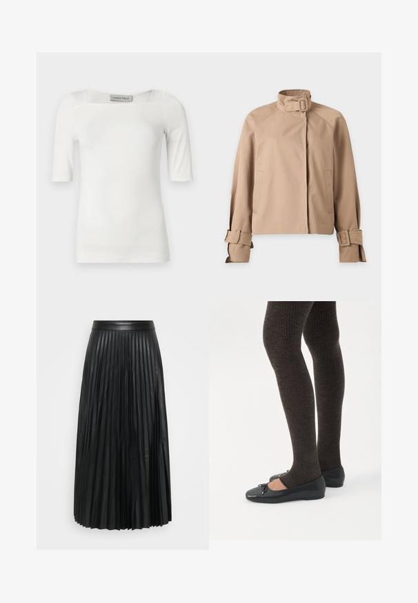 Veste beige avec un col haut et une boucle, manches longues avec des sangles à boucle et deux poches avant, présentée sur fond blanc.; Haut blanc à manches courtes avec un décolleté carré, fabriqué dans un tissu lisse, présentant des détails discrets de coutures sur les épaules et les côtés.; Jupe plissée noire en simili cuir, avec des plis verticaux, une ceinture lisse et une longueur au sol.; Jambes portant des leggings côtelés foncés associés à des ballerines noires avec de petits détails en nœud sur fond blanc.