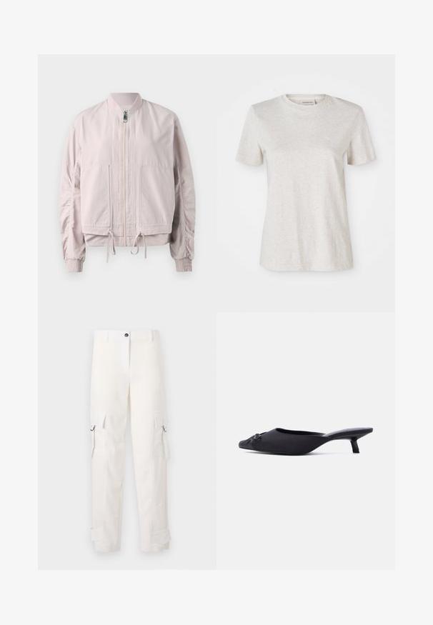 Veste bomber rose clair avec une fermeture éclair sur le devant, des poignets élastiques, deux poches avant et un ourlet à cordon de serrage. Texture lisse avec des détails de manches froncées.; T-shirt à manches courtes gris clair en mélange de coton doux, avec un col rond et un petit logo brodé sur la poitrine.; Pantalons cargo blancs en coton, avec poches latérales, passants de ceinture et ourlets retroussés. Le design comprend une coupe droite et une fermeture à bouton.; Mule pour femmes noires avec bout pointu, empeigne en tissu, petit talon bobine et un nœud décoratif à l'avant, présenté en profil latéral.