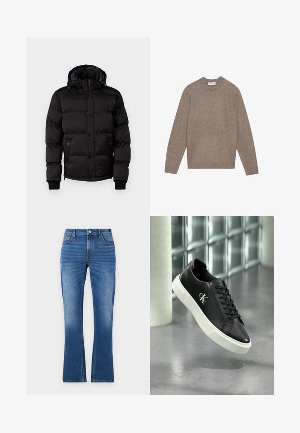 Guess Winterjas - jet black; Lichtbruine wollen trui met een ronde hals, lange mouwen en ribgebreide manchetten en zoom. De textuur lijkt zacht en iets donzig.; Jeans met uitlopende pijpen in medium blauw. Heeft een vijfzakkenontwerp, stikselaccenten, een knoopsluiting en een licht vervaagde textuur op de benen.; Zwarte leren sneaker met een witte rubberen zool en het "CK Calvin Klein" logo aan de zijkant, getoond tegen een achtergrond van betegeld glas.
